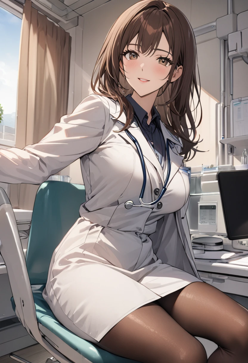 1lady solo, sitting, (looking at viewers), (white lab coat) stylish outfit, mature female, /(dark brown hair/) bangs, kind smile, (masterpiece best quality:1.2) delicate illustration ultra-detailed, large breasts, pantyhose, /(stethoscope around neck/) BREAK (hospital examination room) indoors, work desk, detailed background