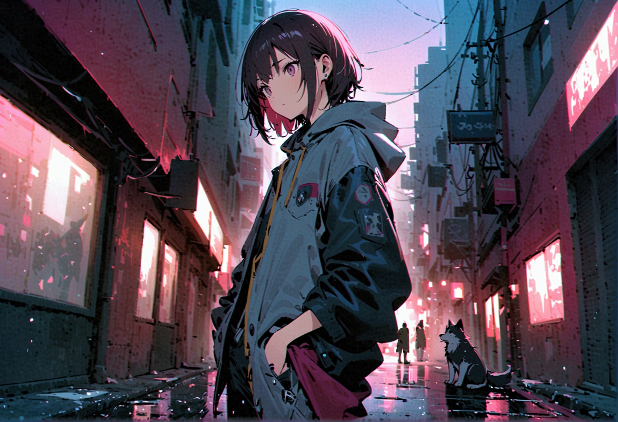 The background is a dark alley, 1 wolf, Overall dark atmosphere, Wearing earbuds, Black Hair, Dark Eyes, Medium Short Hair, Sleepy look, Oversized clothes,Look Away, 