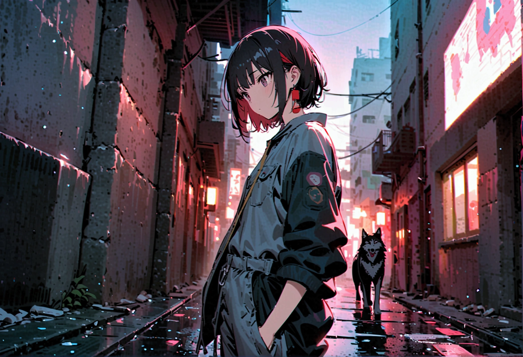 The background is a dark alley, 1 wolf, Overall dark atmosphere, Wearing earbuds, Black Hair, Dark Eyes, Medium Short Hair, Sleepy look, Oversized clothes,Look Away, 