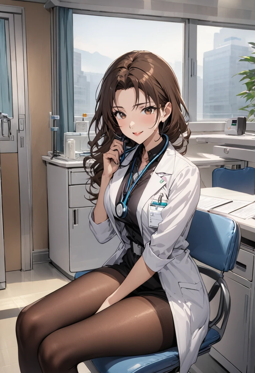 1lady solo, sitting, (looking at viewers), (white lab coat) stylish outfit, mature female, /(dark brown hair/) bangs, kind smile, (masterpiece best quality:1.2) delicate illustration ultra-detailed, large breasts, pantyhose, /(stethoscope around neck/) BREAK (hospital examination room) indoors, work desk, detailed background