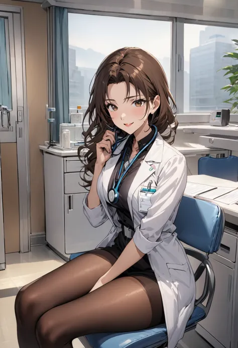 1lady solo, sitting, (looking at viewers), (white lab coat) stylish outfit, mature female, /(dark brown hair/) bangs, kind smile...