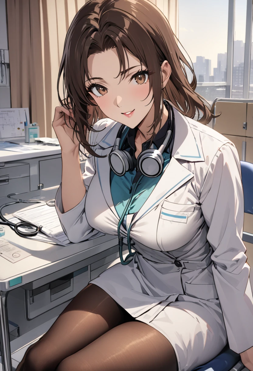 1lady solo, sitting, (looking at viewers), (white lab coat) stylish outfit, mature female, /(dark brown hair/) bangs, kind smile, (masterpiece best quality:1.2) delicate illustration ultra-detailed, large breasts, pantyhose, /(stethoscope around neck/) BREAK (hospital examination room) indoors, work desk, detailed background