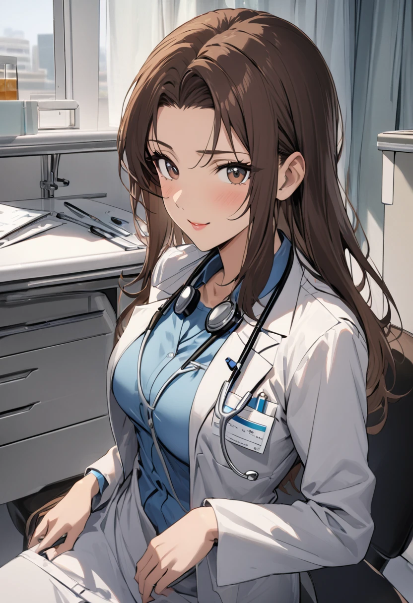 1lady solo, sitting, (looking at viewers), (white lab coat) stylish outfit, mature female, /(dark brown hair/) bangs, kind smile, (masterpiece best quality:1.2) delicate illustration ultra-detailed, large breasts, pantyhose, /(stethoscope around neck/) BREAK (hospital examination room) indoors, work desk, detailed background