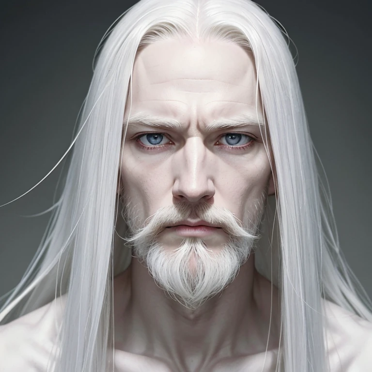 Albino male, Thin, Older looking, Pale skin. High nose,
Mouth masculine.
Pale, pale lips. Pale beard. Hair: seedy, very long white color.
Combed back, some hair falling on forehead. Expression: Serious and thoughtful.
Slightly melancholy.
Suggests intelligence, wisdom and compassion.
Clear eyes.
White iris with brown spots.
Wrinkles over the face.