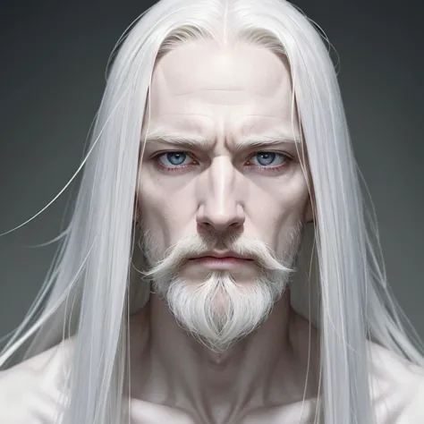 albino male, thin, older looking, pale skin. high nose,
mouth masculine.
pale, pale lips. pale beard. hair: seedy, very long whi...