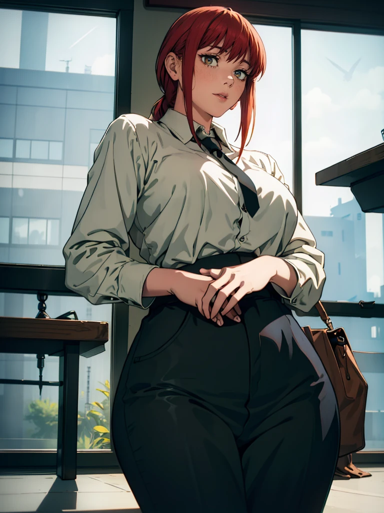 Le personnage Makima de la série animée Chainsaw Man, fragile, obésité morbide, ssbbw, pleine longueur (corps entier 1.1.), fond sombre, obscurité, anatomie correcte 1.1, anatomie correcte de la main, très féminin, corps gras et rond, grosses jambes, fesses, beau corps obèse, ventre rond et mou très gras, Cheveux roux, Yeux oranges, Cercles rouges pour les écoliers, chemise blanche, jupe noire, cravate noire, pose sexy, Réaliste, very détaillé, beau corps, détaillé body, détaillé hands, détaillé, vibrant, détaillé Face, Conception des personnages de Makima. very détaillé, détaillé body, détaillé hands, détaillé Face, art animé, Hugh Détails, Visage très abattu, détaillé eyes, Illustration ultra fine, meilleure ombre, détail fin, beautiful détaillé glow, beautiful détaillé, Extraordinairement beau, extremely détaillé, inexpressif, composition épique, style animé. art animé, style animé. jupe noire, chemise blanche, cravates, pose sexy、Vêtements de travail bleus et blancs、électricien