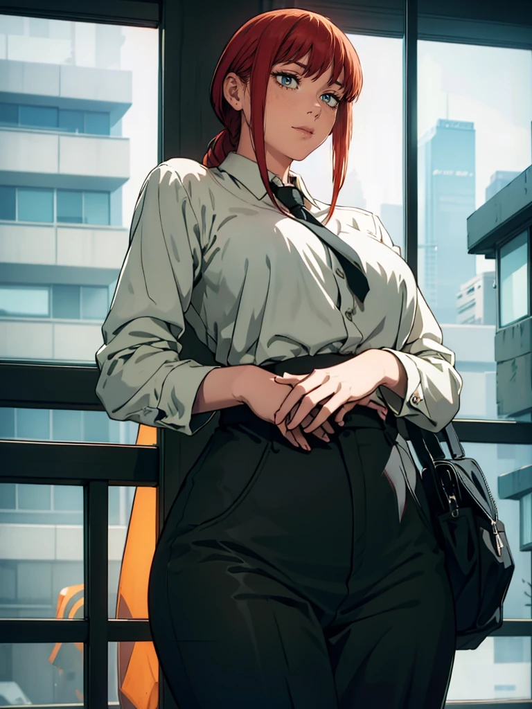 Le personnage Makima de la série animée Chainsaw Man, fragile, morbid obesity, ssbbw, full length (whole body 1.1.), Dark background, darkness, anatomie correcte 1.1, anatomie correcte de la main, very feminine, corps gras et rond, grosses Jambes, fesses, beau corps obèse, round and soft belly very fat, russet hair, Orange eyes, Cercles rouges pour les écoliers, chemise blanche, jupe noire, cravate noire, pose sexy, realistic, very detailed, beau corps, detailed body, detailed hands, detailed, vibrant, detailed Face, Conception des personnages de Makima. very detailed, detailed body, detailed hands, detailed Face, Animated art, Hugh Details, Very dejected face, detailed eyes, Illustration ultra fine, best shadow, fine detail, beautiful detailed glow, beautiful detailed, Extraordinairement beau, extremely detailed, inexpressif, epic composition, animated style. animated art, animated style. Jupe noire, chemise blanche, cravatte, pose sexy、Blue and white workwear、Electrician