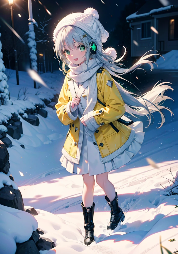 index, index, (Green Eyes:1.5), Silver Hair, Long Hair, (Flat Chest:1.2),happy smile, smile, Open your mouth,Knitted hat,Yellow long coat,White Tokkuri Sweater,Earmuffs,White scarf,Black long skirt,Black pantyhose,short boots,Walking,Snow is piled up,It&#39;s snowing,Snow Scene,Shirogane World,night,moonlight,Let the world enter your illustrations,
break looking at viewer, whole body,
break outdoors, Snow Country,Residential Street,
break (masterpiece:1.2), Highest quality, High resolution, unity 8k wallpaper, (figure:0.8), (Beautiful attention to detail:1.6), Highly detailed face, Perfect lighting, Highly detailed CG, (Perfect hands, Perfect Anatomy),