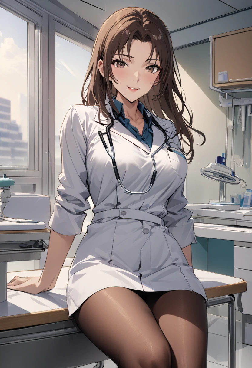 1lady solo, sitting, (looking at viewers), (white lab coat) stylish outfit, mature female, /(dark brown hair/) bangs, kind smile, (masterpiece best quality:1.2) delicate illustration ultra-detailed, large breasts, pantyhose, /(stethoscope around neck/) BREAK (hospital examination room) indoors, work desk, detailed background