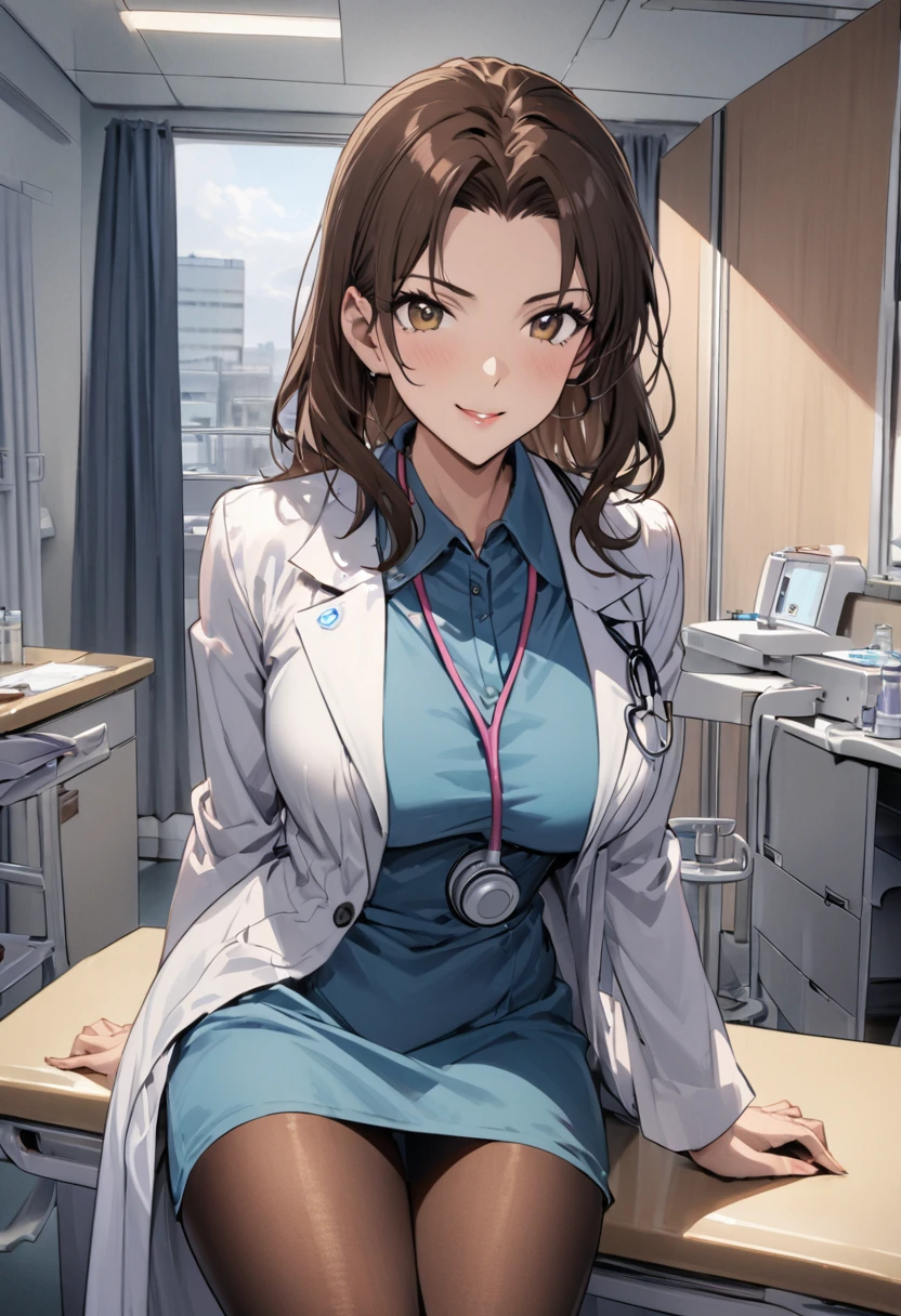 1lady solo, sitting, (looking at viewers), (white lab coat) stylish outfit, mature female, /(dark brown hair/) bangs, kind smile, (masterpiece best quality:1.2) delicate illustration ultra-detailed, large breasts, pantyhose, /(stethoscope around neck/) BREAK (hospital examination room) indoors, work desk, detailed background