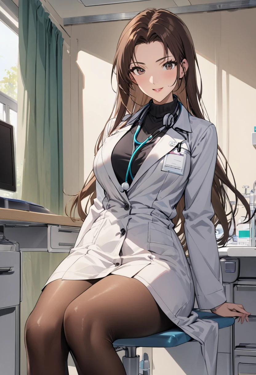 1lady solo, sitting, (looking at viewers), (white lab coat) stylish outfit, mature female, /(dark brown hair/) bangs, kind smile, (masterpiece best quality:1.2) delicate illustration ultra-detailed, large breasts, pantyhose, /(stethoscope around neck/) BREAK (hospital examination room) indoors, work desk, detailed background