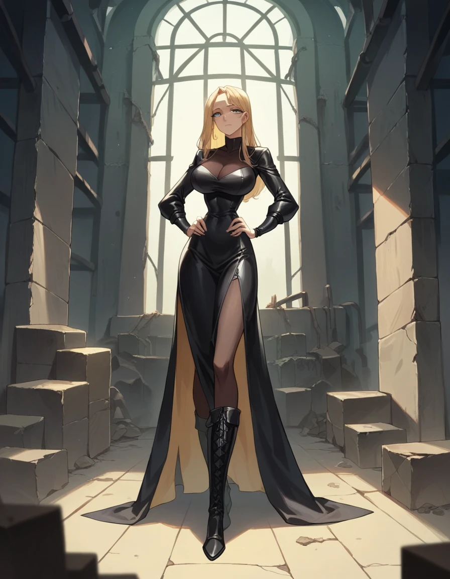 Masterpiece, best quality, Masterpiece, best quality, 1 woman, long blonde hair , Black tight leather dress , big breasts , abdomen , Long legs , Put your hands on your hips.. , boots , full body , abandoned factory , at night