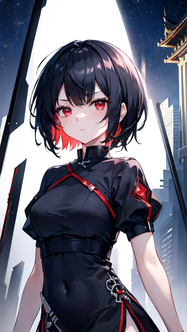 High resolution,high resolution,Girl,Black Hair,Short Hair,Red Eyes,Slanted Eyes,Bad mood,boyish,slender,Toned body,,,China dress,Starry Sky,choker,,