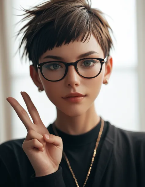 please have a v-cut hairstyle and wear glasses.