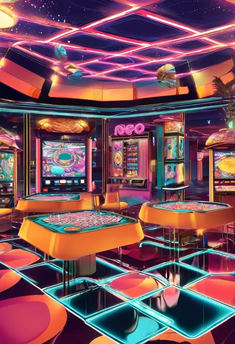 neo-vintage reverie" reimagines in an illustration elements of a gaming casino style of past decades with a modern and futuristi...