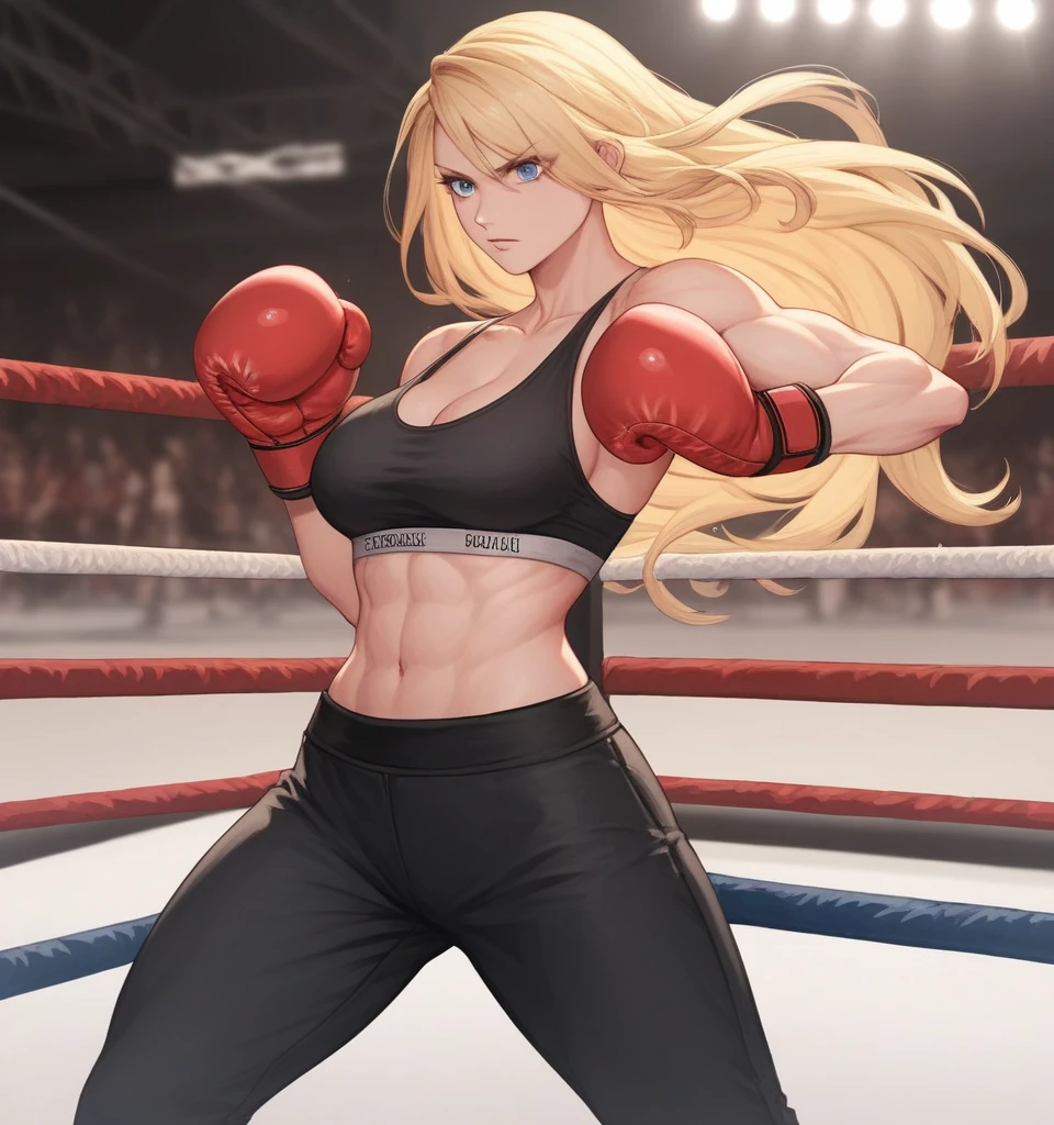 score_9, score_8_up, score_7_up, score_6_up, Detailed Background, BREAK
 Samusaran,1girl, long hair, sports bra,long black pants,boxing stance, blonde hair, blue eyes, BREAK
Boxing ring, boxing gloves