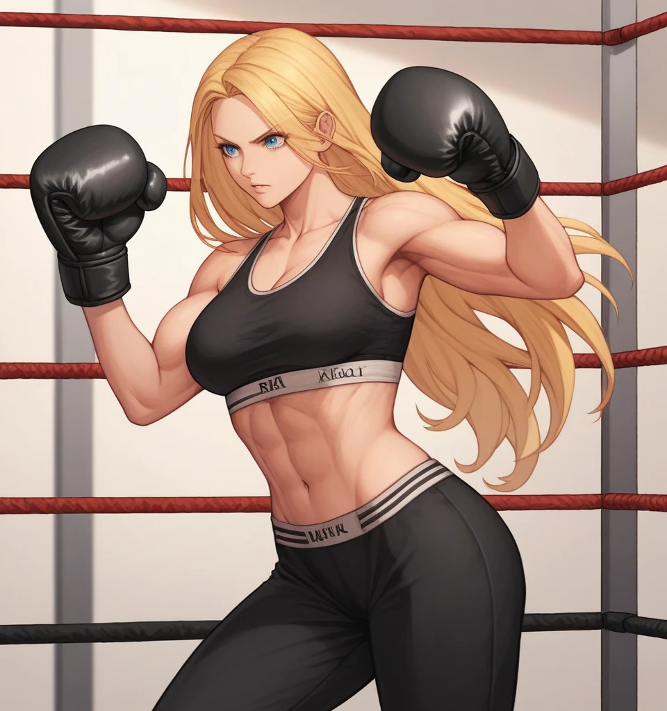 score_9, score_8_up, score_7_up, score_6_up, Detailed Background, BREAK
 Samusaran,1girl, long hair, sports bra,long black pants,boxing stance, blonde hair, blue eyes, BREAK
Boxing ring, boxing gloves