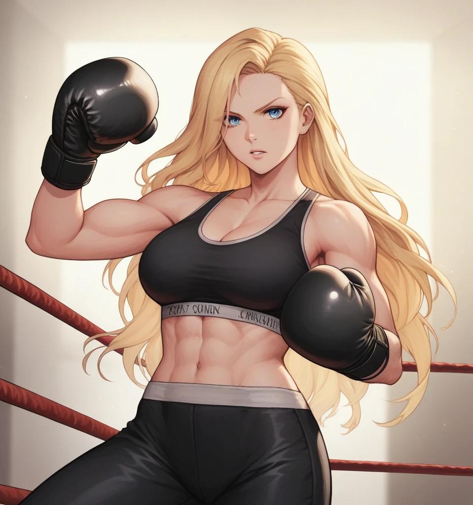 score_9, score_8_up, score_7_up, score_6_up, Detailed Background, BREAK
 Samusaran,1girl, long hair, sports bra,long black pants,boxing stance, blonde hair, blue eyes, BREAK
Boxing ring, boxing gloves