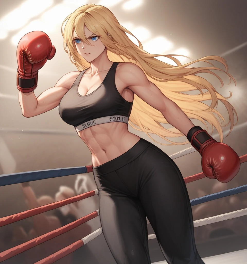 score_9, score_8_up, score_7_up, score_6_up, Detailed Background, BREAK
 Samusaran,1girl, long hair, sports bra,long black pants,boxing stance, blonde hair, blue eyes, BREAK
Boxing ring, boxing gloves