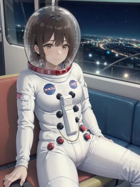 space helmet, (cinematic scene, sitting on a chair, train interior, , city view, night view: 1.5), space helmet, eva helmet, spa...