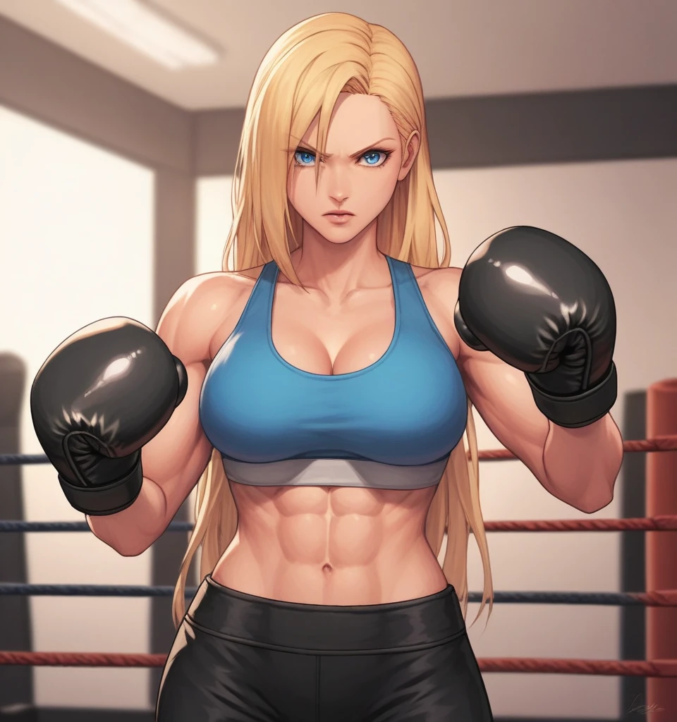 score_9, score_8_up, score_7_up, score_6_up, Detailed Background, BREAK
 Samusaran,1girl, long hair, sports bra,long black pants,boxing stance, blonde hair, blue eyes, BREAK
Boxing ring, boxing gloves