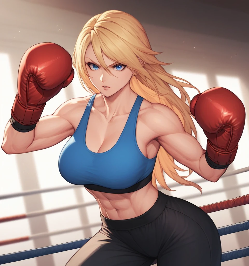 score_9, score_8_up, score_7_up, score_6_up, Detailed Background, BREAK
 Samusaran,1girl, long hair, sports bra,long black pants,boxing stance, blonde hair, blue eyes, BREAK
Boxing ring, boxing gloves