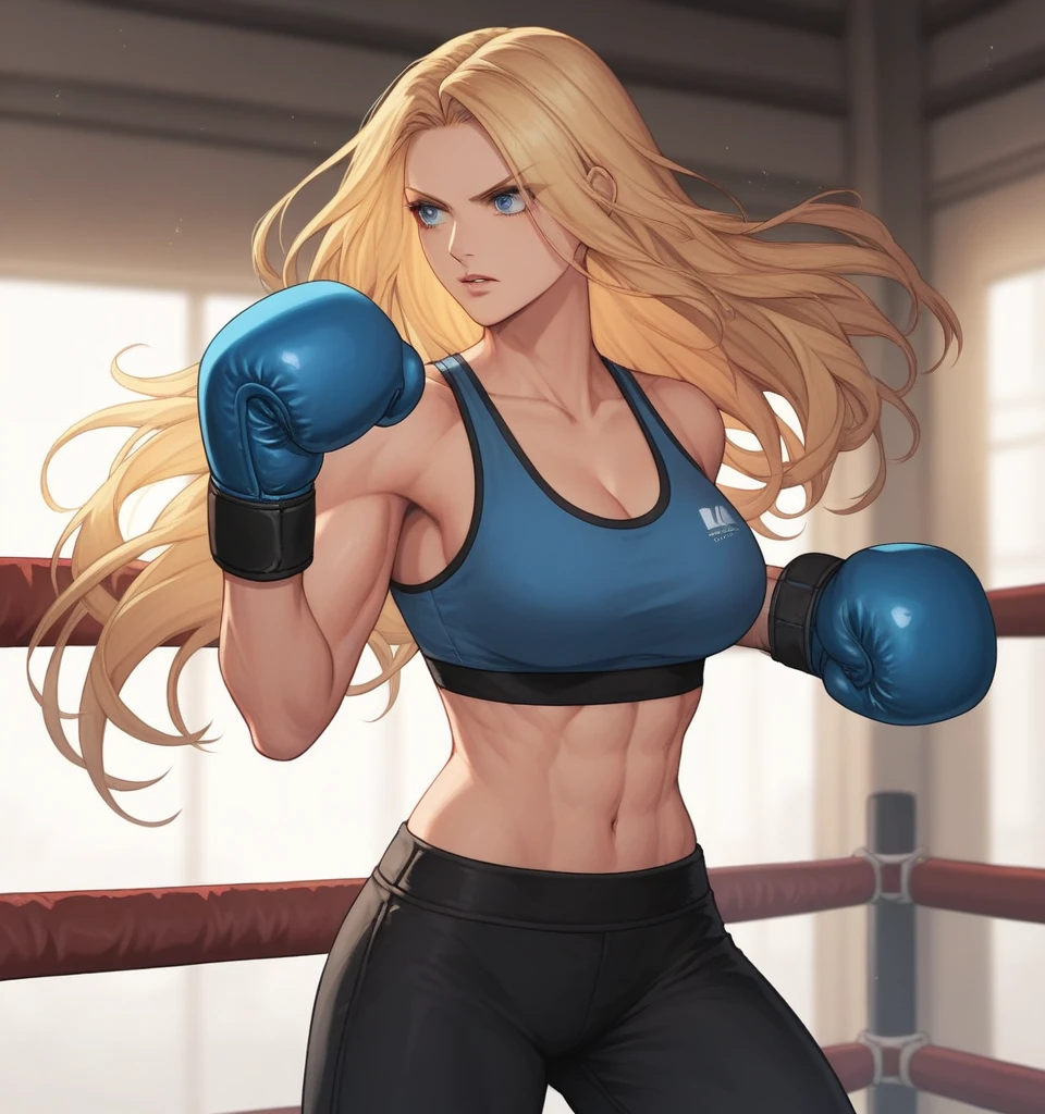 score_9, score_8_up, score_7_up, score_6_up, Detailed Background, BREAK
 Samusaran,1girl, long hair, sports bra,long black pants,boxing stance, blonde hair, blue eyes, BREAK
Boxing ring, boxing gloves