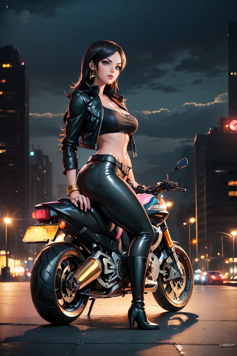 ((1girl, solo ,alone, long hair, black clothes, pink lipstick, Nico Robin, woman, (one piece) , dynamic pose,fitness, gold bracelets, ruby earrings)), ((solo, 1woman, pink lipstick, Extremely detailed, ambient soft lighting, 4k, perfect eyes, a perfect face, perfect lighting, a 1girl)), austere, ((blue bikini, leaning on the motorbike, motorcycle, avenue, city, skyscraper, leather boots, leather jacket, black jacket, clouds))