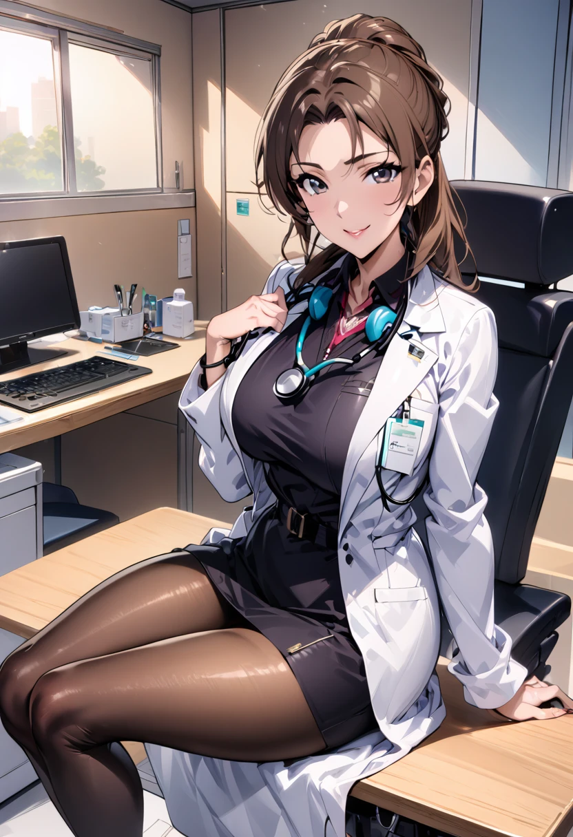 1lady solo, sitting, (looking at viewers), (white lab coat) stylish outfit, mature female, /(dark brown hair/) bangs, kind smile, (masterpiece best quality:1.2) delicate illustration ultra-detailed, large breasts, pantyhose, /(stethoscope around neck/) BREAK (hospital examination room) indoors, work desk, detailed background