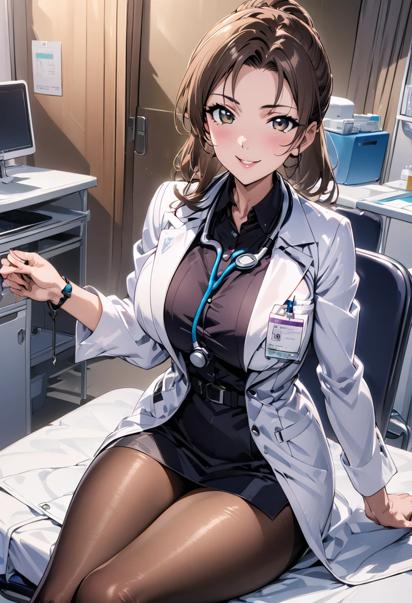 1lady solo, sitting, (looking at viewers), (white lab coat) stylish outfit, mature female, /(dark brown hair/) bangs, kind smile, (masterpiece best quality:1.2) delicate illustration ultra-detailed, large breasts, pantyhose, /(stethoscope around neck/) BREAK (hospital examination room) indoors, work desk, detailed background