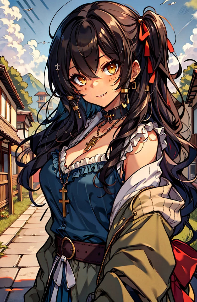 (masterpiece:1.2), (high quality:1.2), hui xiyi, rekkyo sensen, rekkyou sensen, solo focus, girls with((black hair, tits cleavage, exposed breasts, breasts close up, dress, (blue clothes:1.3), ribbon belt, off-shoulder sleeves, long sleeves, off shoulder jacket, frills shirt, frills camisole, straps, (ribbon tie, rosary choker, golden rosary, cross:1.05), upper body, (long wavy hair, one side up:1.4))), background with ((architecture, blue sky, building, bush, castle, village, no humans, cloud, cloudy sky, day, fence, field, garden, grass, hill, house, lamppost, landscape, mountain, mountainous horizon, nature, no humans, outdoors, scenery, shrine, sky, tower))