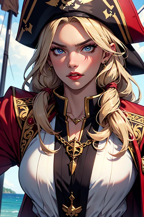 a beautiful and fierce pirate queen, long and light hair, olhos intensos, full red lips, wearing an ornate pirate captain&#39;s ...