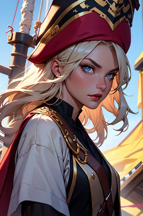 a beautiful and fierce pirate queen, long and light hair, olhos intensos, full red lips, wearing an ornate pirate captain&#39;s ...