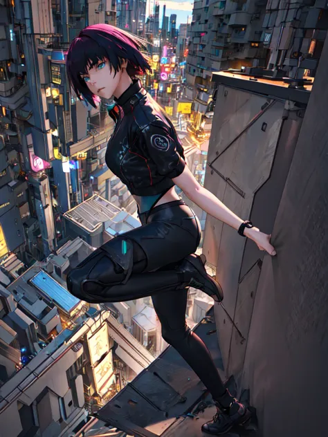 night city background、neon、absurd, highest quality, one girl, alone, view your viewers, eye focus, motoko_kusanagi, black jacket