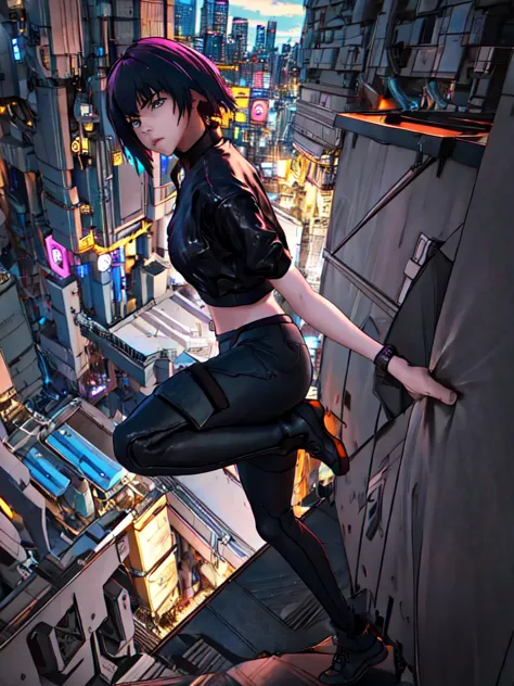 night city background、neon、absurd, highest quality, one girl, alone, view your viewers, eye focus, motoko_kusanagi, black jacket