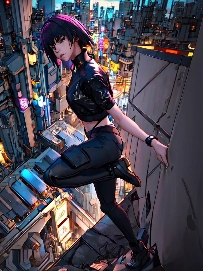 fondo de la ciudad de noche、neón、Absurdo, de la máxima calidad, Una chica, alone, Ver a tus espectadores, Enfoque ocular, motoko_kusanagi, chaqueta negra