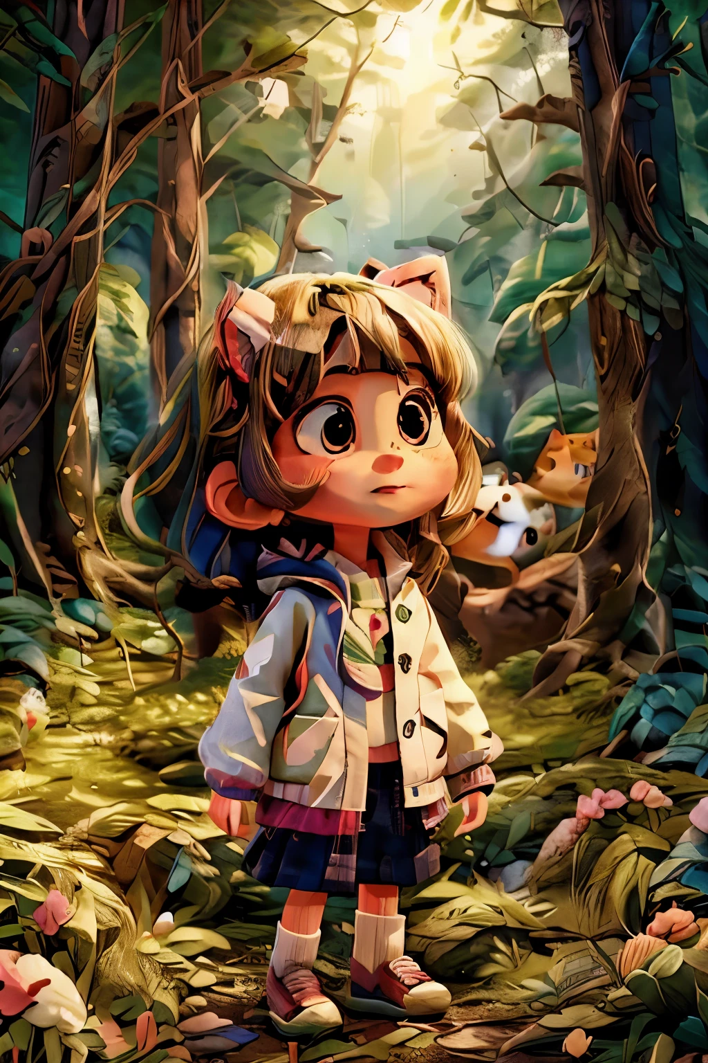 fille dans la forêt avec une veste blanche et un dessin Hello Kitty, expression ennuyée.