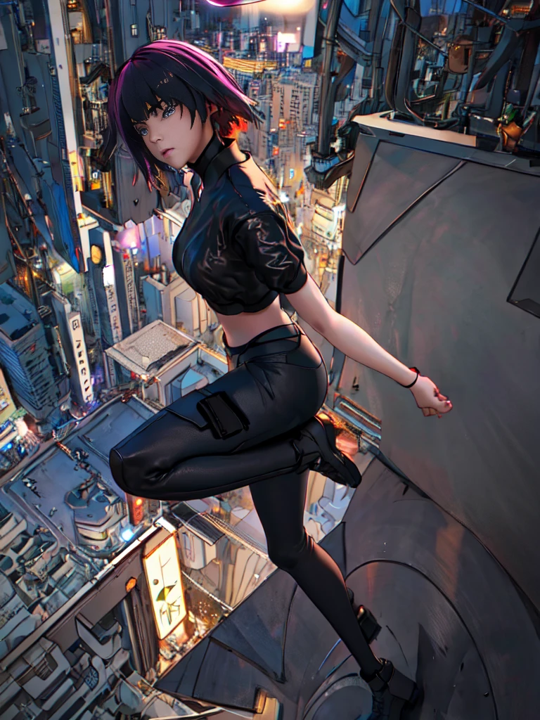 fondo de la ciudad de noche、neón、Absurdo, de la máxima calidad, Una chica, alone, Ver a tus espectadores, Enfoque ocular, motoko_kusanagi, chaqueta negra