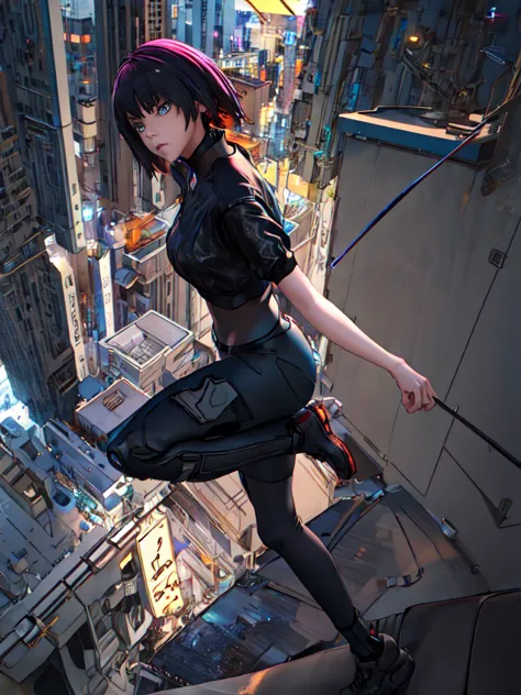 night city background、neon、absurd, highest quality, one girl, alone, view your viewers, eye focus, motoko_kusanagi, black jacket