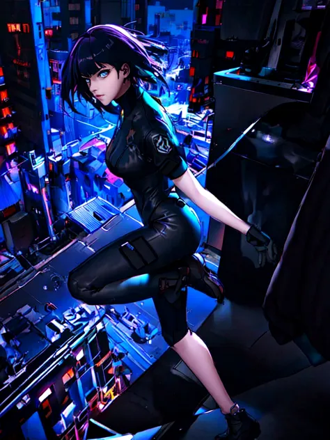 Night city background、neon、Absurd, Highest quality, One girl, alone, View your viewers, Eye focus, motoko_Kusanagi, Black jacket