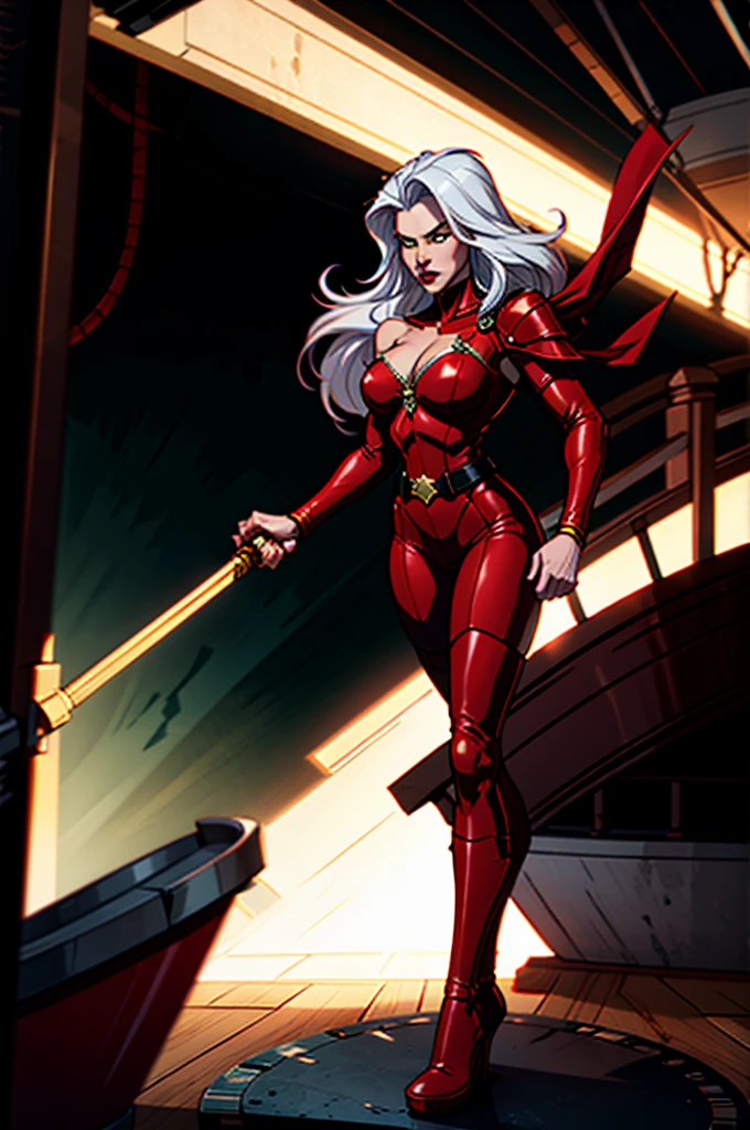 a pirate standing on her ship, dramatic lighting, long white hair, leather outfit, red leather cape on shoulders, green shoulder pads, full body, high quality