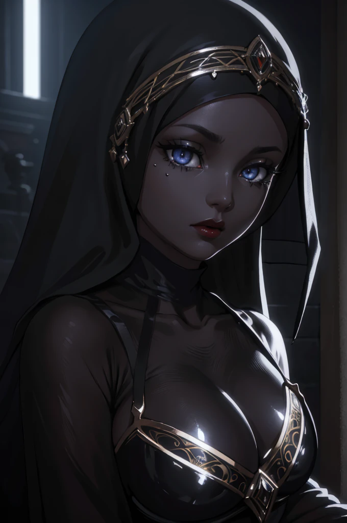 A beautiful Arabic Muslim woman, wearing a black silky hijab, with huge breasts, red lips, a see-through silk PVC corset lingerie, and black stockings, devoutly praying in a mosque, (best quality,4k,8k,highres,masterpiece:1.2),ultra-detailed,(realistic,photorealistic,photo-realistic:1.37),highly detailed facial features,extremely detailed eyes and face,longeyelashes,cinematic lighting,dramatic contrast,cinematic composition,intricate details,volumetric lighting,chiaroscuro lighting,moody lighting,dark and dramatic,dark and mysterious,dark and sensual