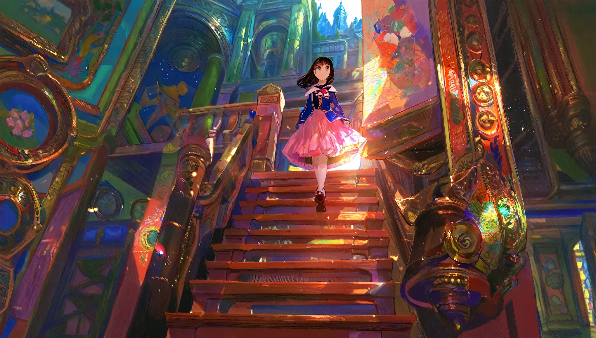 masterpiece,best quality,ultra detailed,by fuzichoco,(1girl:1.2),girl walking on stairs, dramatic lighting,female focus, centered