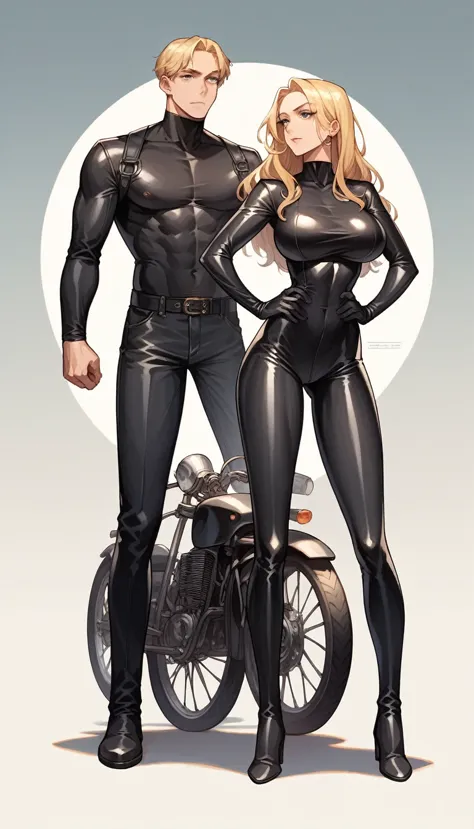 masterpiece, best quality, masterpiece, best quality, 1 woman, long blonde hair , tight black leather motorcycle suit , big brea...