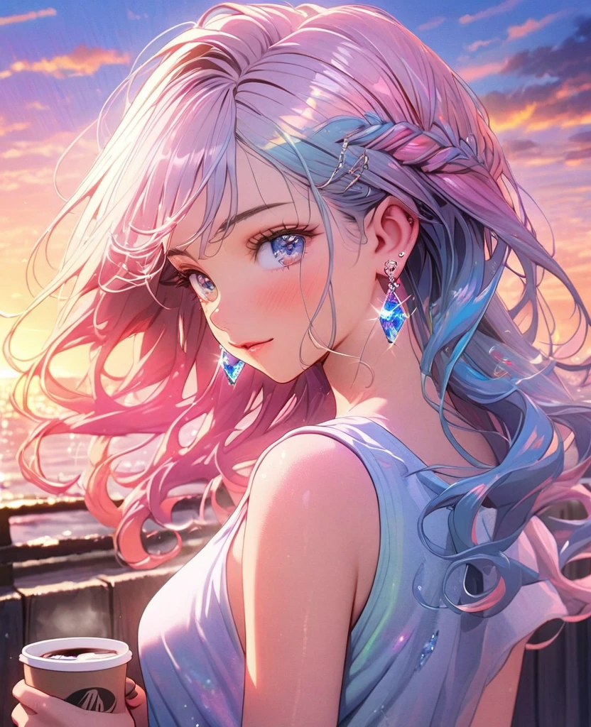 8K,gal，an extremely delicate and beautiful,Beautiful and realistic skin,Shiny jewel-like earrings,Long colorful hair,beautiful eyes,tanktop,drink coffee, beautiful sunset
