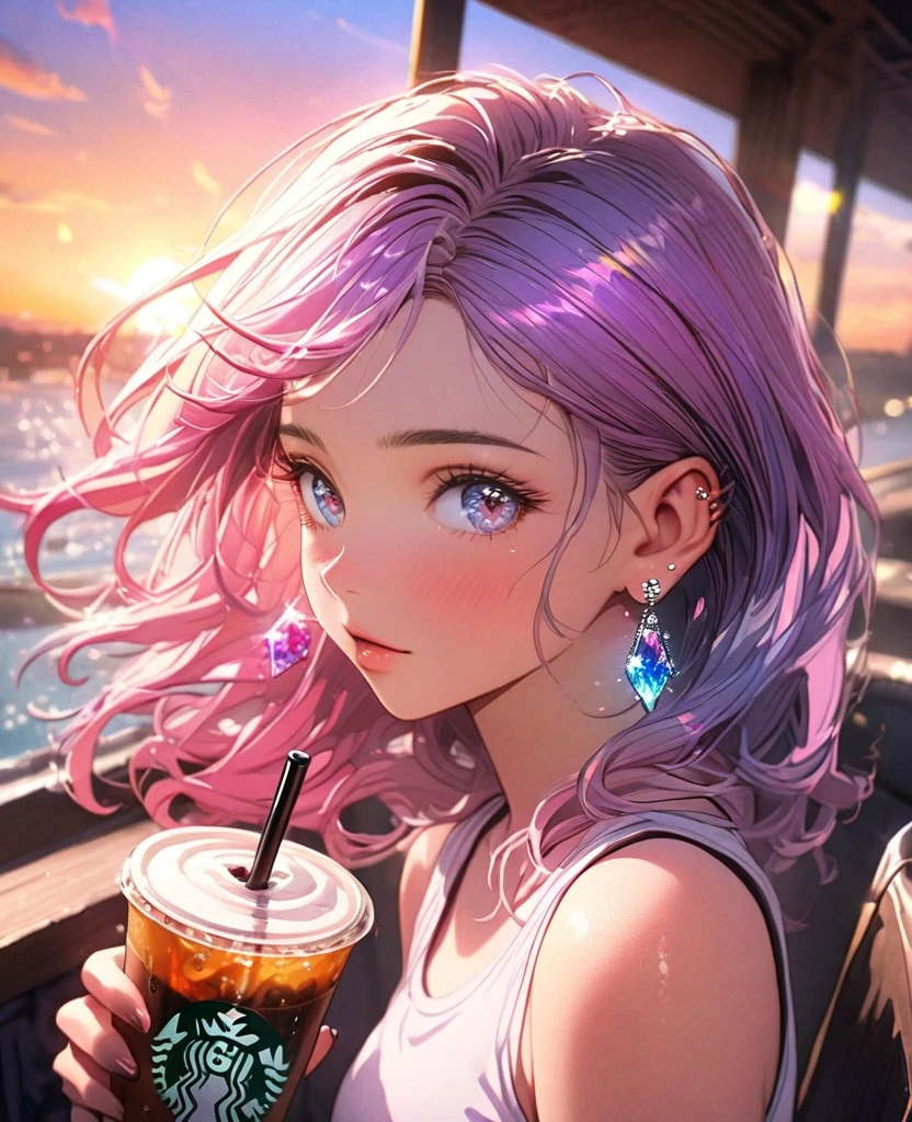 8K,gal，an extremely delicate and beautiful,Beautiful and realistic skin,Shiny jewel-like earrings,Long colorful hair,beautiful eyes,tanktop,drink coffee, beautiful sunset
