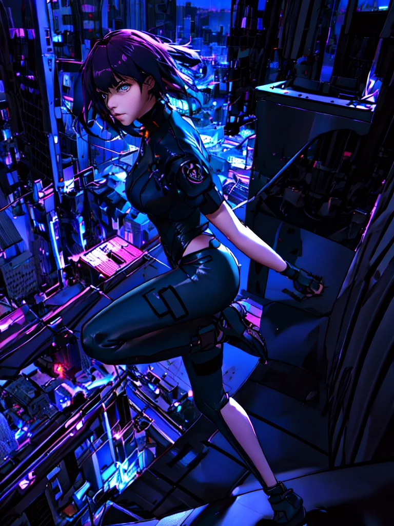 fond de ville de nuit、néon、absurde, la plus haute qualité, Une fille, seul, Visualisez vos spectateurs, mise au point des yeux, motoko_Kusanagi, Veste noire