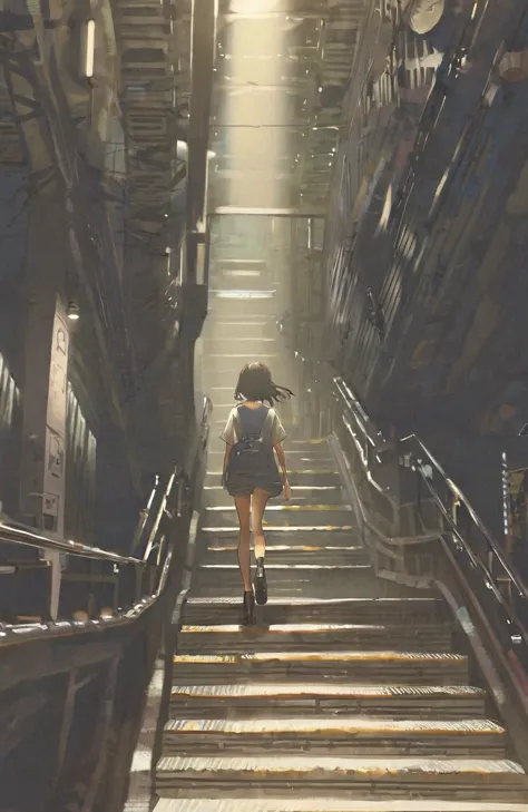 masterpiece,best quality,ultra detailed,(1girl:1.2),girl walking down subway stairs, back angle shot, dramatic lighting,female f...