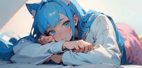 ((best quality)), ((masterpiece)), (detailed), 1 anime from the edge, light blue hair, light blue eyes, lying in bed, white swea...