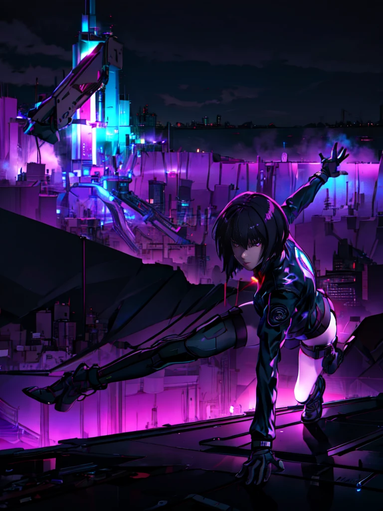 Fond de ville de nuit lumineuse、néon、absurde, la plus haute qualité, Une fille, seul, Visualisez vos spectateurs, mise au point des yeux, motoko_Kusanagi, Veste noire